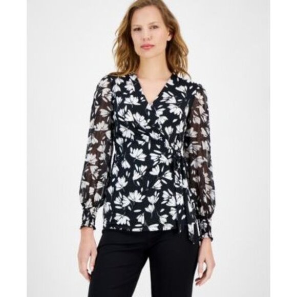 Anne Klein Women's Mixed Media Floral Faux-Wrap Long-Sleeve Blk/White Top XS NWT - Picture 1 of 1
